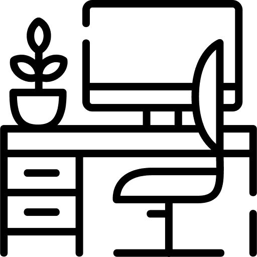 Homeoffice Icon: Schreibtisch, Monitor, Stuhl und Pflanze. Karriere im Büro.