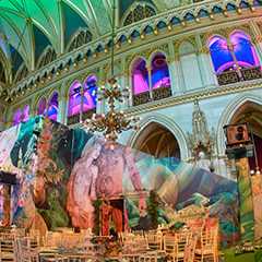 Messe Sonderbau: Eventlocation mit Kunstinstallation und Kronleuchter. Festliche Atmosphäre.