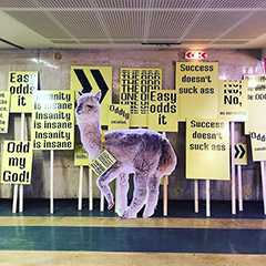 Indoor Events: Schilder mit Texten, Alpaka-Figur. Gelbe Schilder, Odd und Success. Kunstinstallation.