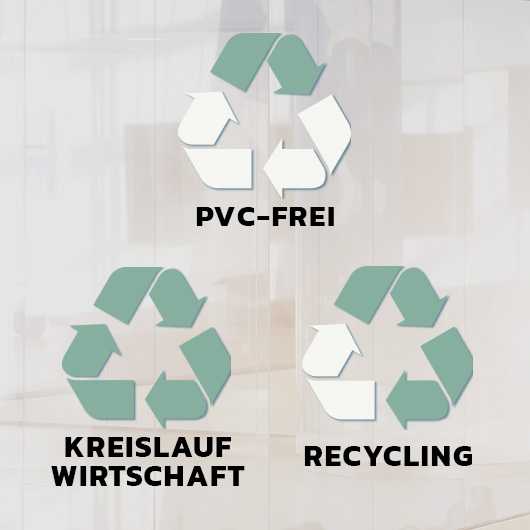 Drei grüne Recycling-Symbole: PVC-frei, Kreislaufwirtschaft, Recycling. Nachhaltigkeit.