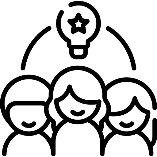 Teamwork Icon: Menschen mit Glühbirne für Karriere & Ideenfindung.